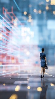 Futuristic city VR wire frame with businesswoman walking